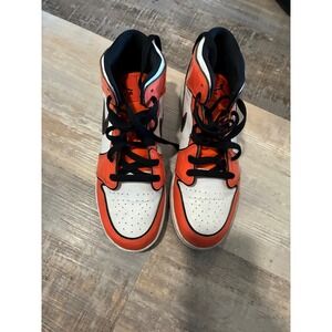 Nike Air Jordan 1 Mid Kids Orange White Black Patent Sneakers BQ6931-800